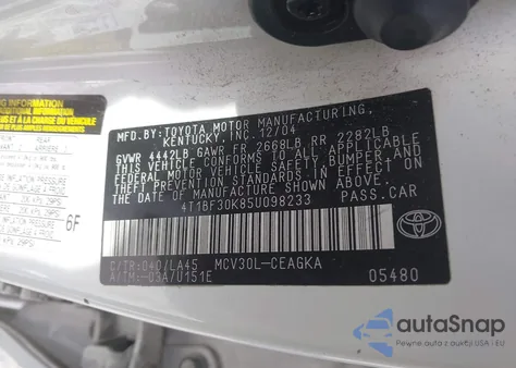 2005 Toyota Camry Xle V6 z USA, uszkodzony, nr VIN 4T1BF30K85U098233